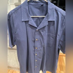 Men's Blue Linen Short Sleeve Button Down Shirt